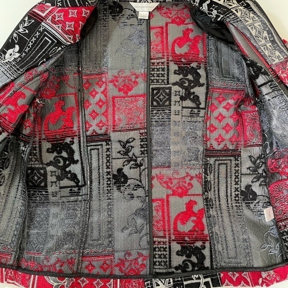 Christopher & Banks Zip Tapestry Blazer Red/Gray/Black Mandarin Collar Large - Picture 5 of 10